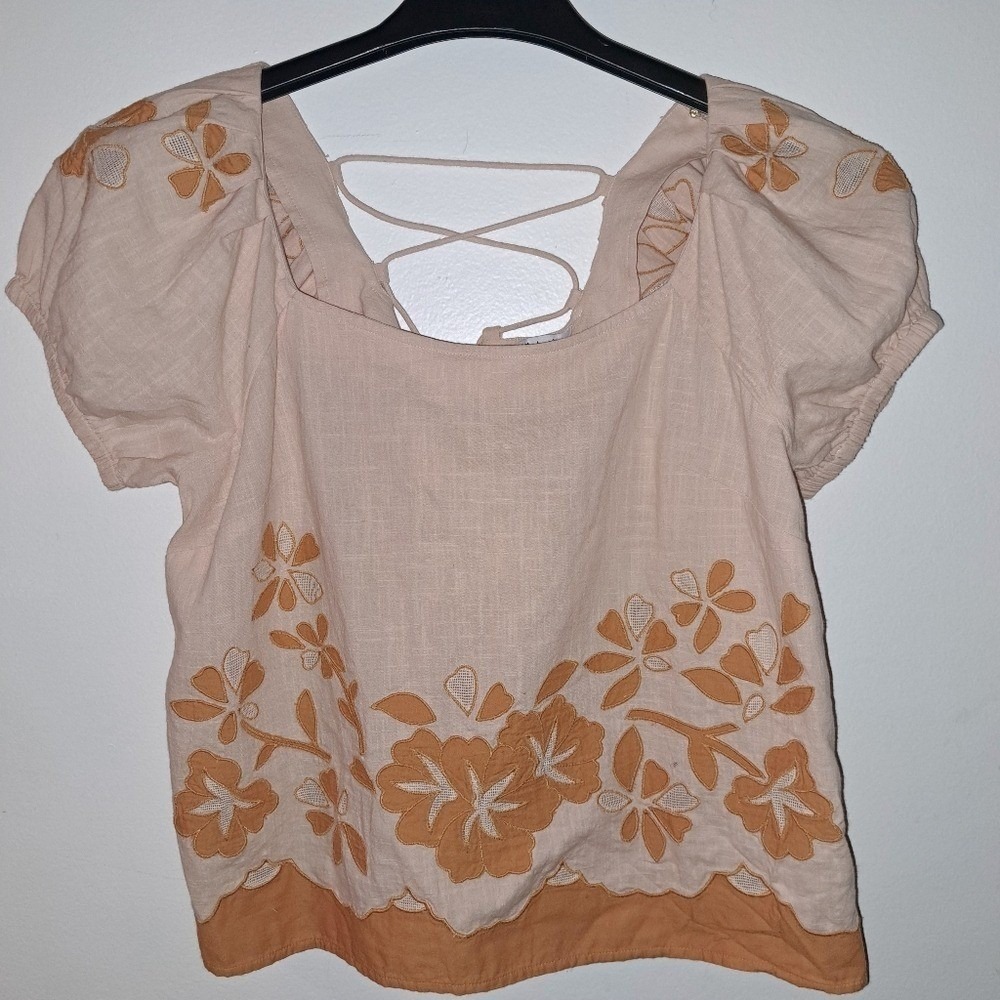 Madewell‎ Embroidered Scallop-Hem Puff-Sleeve Top NL039 Pink Mustard M - Picture 3 of 12